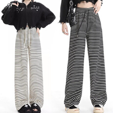 孕妇加绒黑白条纹毛巾绒阔腿裤秋冬新款宽松抽绳运动裤休闲女裤