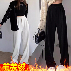 批发孕妇雪尼尔窄版休闲裤女秋冬加绒加厚羊羔绒高腰垂感直筒阔腿裤