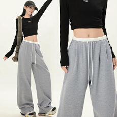 批发孕妇裤秋冬灰色运动裤女无托腹阔腿垂感直筒休闲宽松美式卫裤纯色