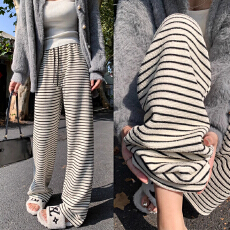 孕妇加绒黑白条纹毛巾绒阔腿裤秋冬新款宽松抽绳运动裤休闲女裤