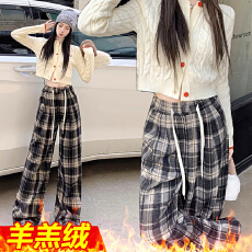 批发孕妇格子裤女春秋款外穿2025新款复古休闲毛呢阔腿裤秋冬直筒长裤