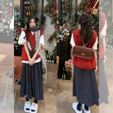 批发孕妇灰色毛呢半身裙女中长款秋季一体腰设计感百褶裙长裙子