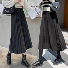 批发孕妇复古一体式腰头毛呢百褶A字半身裙中长裙秋季新款休闲无托腹