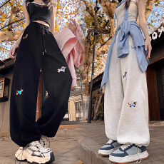 批发孕妇裤刺绣腊肠狗休闲裤女春秋宽松拖地直筒阔腿卫裤运动长裤子