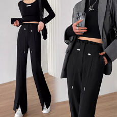 批发孕妇春秋新款无托腹抽绳高弹力开叉西装裤休闲裤修身显瘦喇叭裤