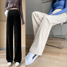 批发孕妇阔腿裤女春秋新款高腰托腹直筒白色常规休闲灯芯绒长裤
