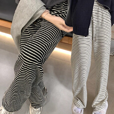 批发孕妇常规黑白条纹毛巾绒阔腿裤春秋新款宽松抽绳运动裤休闲女裤