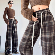 批发孕妇格子裤女春秋款外穿新款复古休闲毛呢阔腿裤春季直筒长裤秋装
