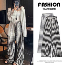 批发孕妇无托腹春秋新款斑马条慵懒条纹阔腿裤抽绳女裤宽松休闲孕妇裤