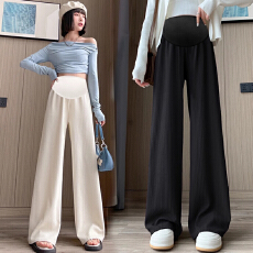 孕妇阔腿裤女春秋新款高腰托腹直筒白色常规休闲灯芯绒长裤