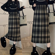 批发<b class='q'>孕妇</b><b class='q'>半身裙</b>春秋季新款格子裙托腹毛呢直筒半裙显瘦开叉春款一步裙