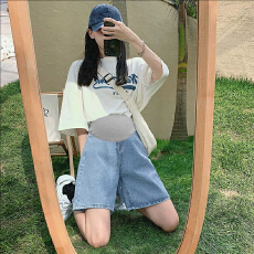 孕妇短裤女夏季外穿薄款牛仔阔腿裤夏天休闲牛仔裤宽松百搭高腰裤