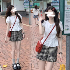 孕妇黑白格子荷叶边短裤2026夏季新款直筒阔腿打底裤外穿花苞裤