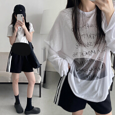 孕妇运动短裤女夏季外穿侧边白色拼条高腰托腹直筒休闲裤短裤