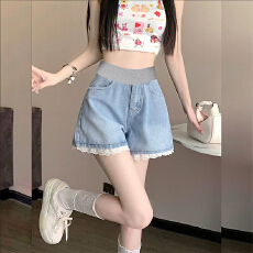 批发孕妇甜辣花边牛仔短裤女夏宽松显瘦阔腿A字大码百搭阔腿热裤