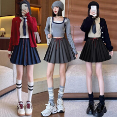 批发孕妇春<b class='q'>秋</b>简约高腰抽绳松紧a字百褶裙女<b class='q'>秋</b>显瘦遮胯百搭短裙A字裙