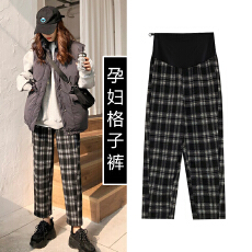 孕妇裤子春秋外穿宽松时尚格子直筒裤潮妈春秋季夏季阔腿裤