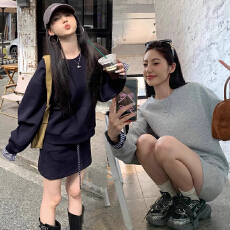 批发孕妇套装设计感格子拼接长袖卫衣女早秋高腰包臀半身裙短裙两件套