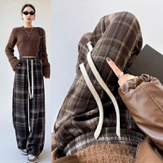 批发孕妇格子裤女春秋款外穿新款复古休闲毛呢阔腿裤春季直筒长裤秋装