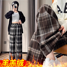 孕妇格子裤女春秋款外穿新款复古休闲毛呢阔腿裤春季直筒长裤秋装
