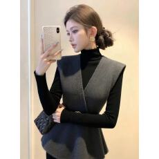 批发简约气质百搭<b class='q'>休闲</b>黑色高领内搭上衣灰色V领背心马甲秋季两件套装