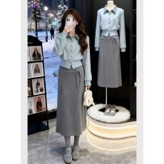 批发韩式<b class='q'>休闲</b>风针织开衫半身裙<b class='q'>套装</b>女冬季新款小个子显瘦穿搭两件套