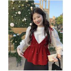 韩系气质法式高级感衬衣喇叭袖上衣+珍珠v领丝绒吊带上衣套装