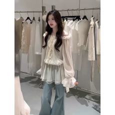 批发韩式气质一字肩花边重工设计系带<b class='q'>衬衫</b>女<b class='q'>长袖</b>修身显瘦网纱露肩上衣