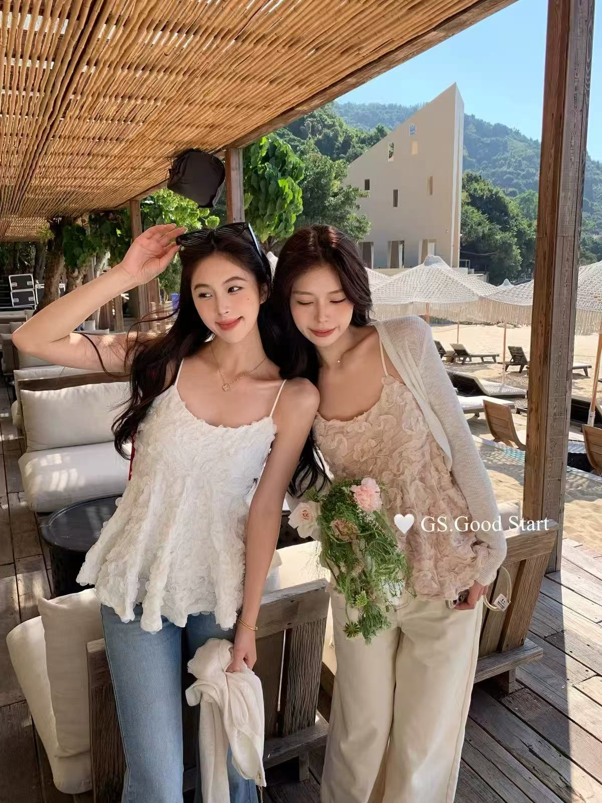 프랑스식 품격 3 차원 꽃 캐미솔 봄 여름 새로운 허리 수축 몸매 가꾸기 고급 센스 기본 셔츠 맨위 서비스