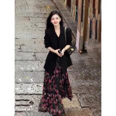 批发得体风黑色西装外套印花连衣裙套装<b class='q'>女</b>巨好看气质高级小众高腰裙子