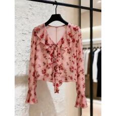 批发春季新款法式气质小衫独特漂亮高级感超好看红色荷叶边拼接衬衫女