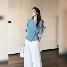批发高级感V领收腰<b class='q'>西装外套</b>阔腿裤套装女2026夏季新款通勤穿搭两件套