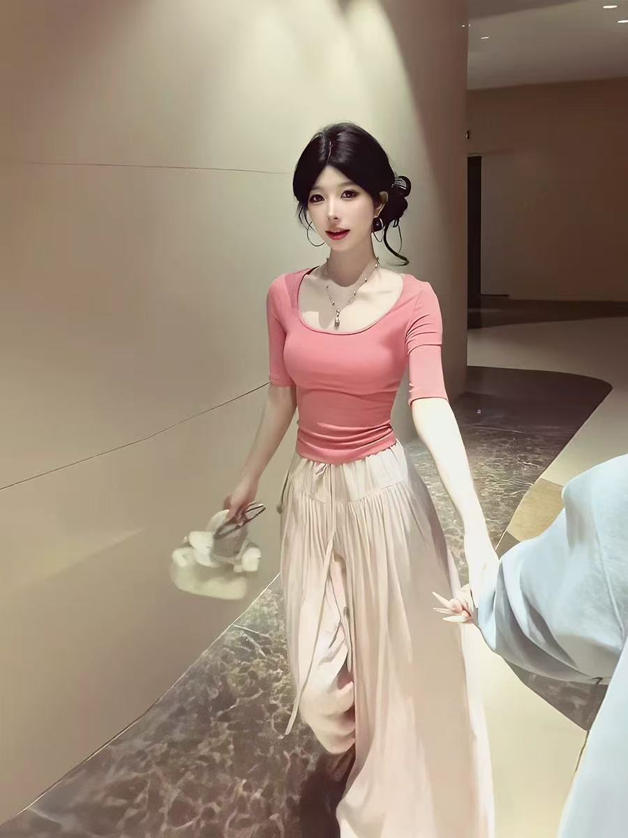 순수한 욕망 핫걸 바람 장미 핑크색 u 칼라 5 점 소매 티셔츠 디자인 센스 다용도 와이드 레그 팬츠 치마 두 조각 여성 세트 여름