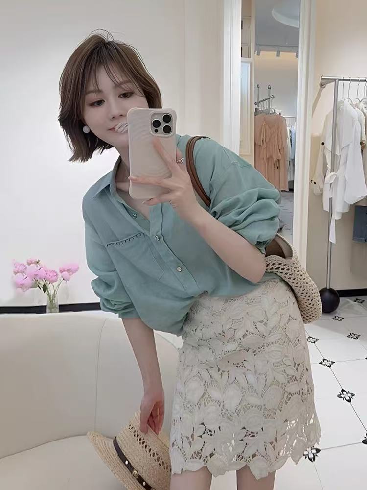 초여름 도파민 착용 가져 가라. 여신 팬 품격 빛 럭셔리 고급 센스 슈퍼 화재 연령 감소 자외선 차단 셔츠 점프 슈트 치마 세트