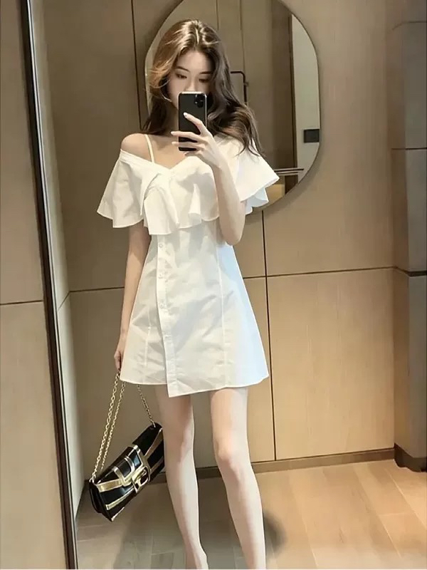 여름 새로운 작은 대중 Chic 오프숄더 디자인 센스 여성 드레스 한국 스타일 패션 다용도 셔츠 드레스 품격 미니 스커트