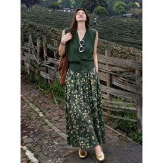 批发淑女风绿色碎花套装女2026夏季新款高级感针织衫半身裙显瘦两件套