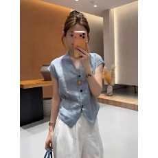 批发蓝色气质<b class='q'>V领</b>简约百搭收腰衬衫女装2026夏季新款休闲漂亮出片上衣