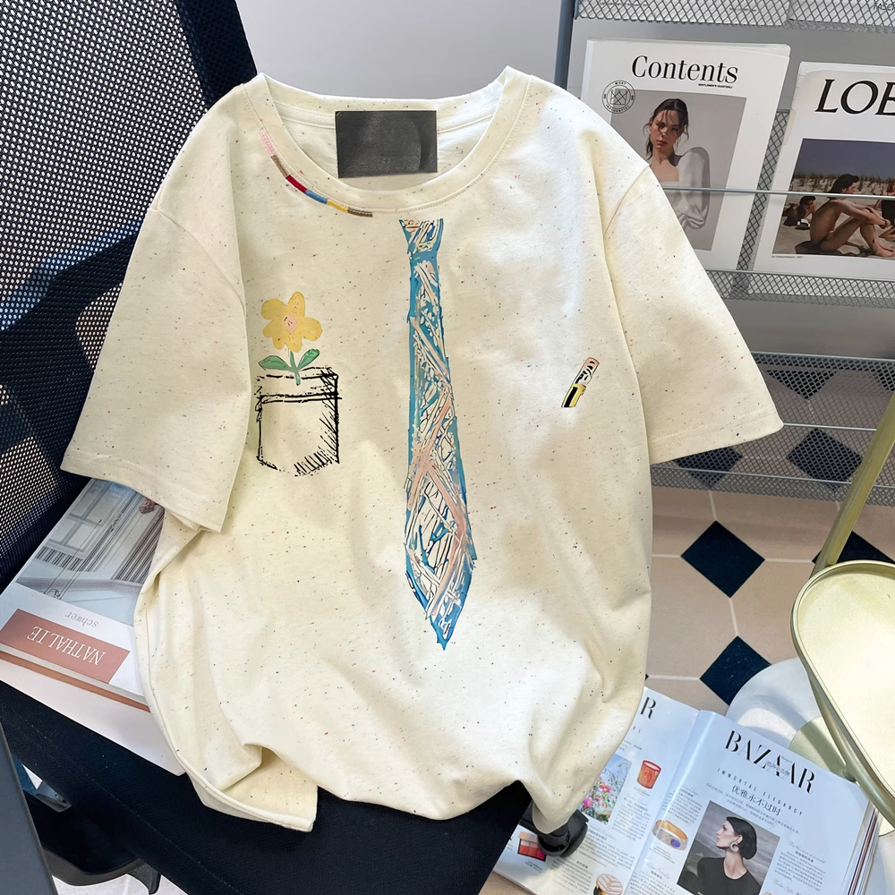 MY9200# 原版双纱彩点精梳棉300斤彩点刺绣印花夏日好看短袖t女裝貨源服裝批發