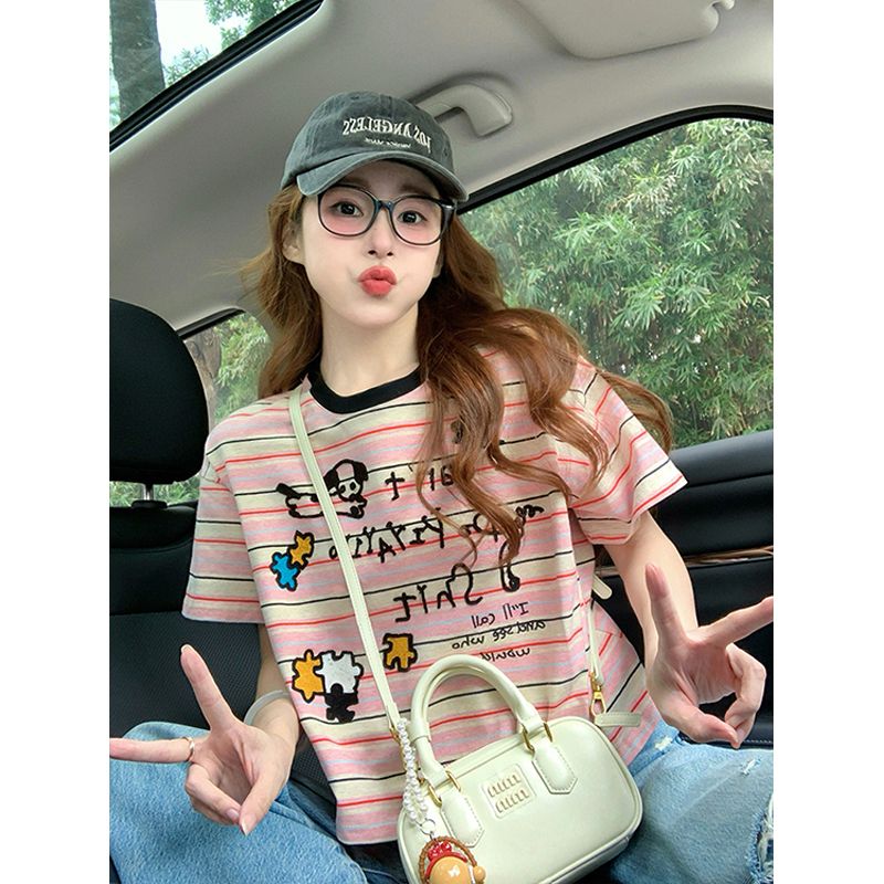 MY11276# 纯棉 原版做工 大码宽松学院风条纹短袖t恤女女裝貨源服裝...