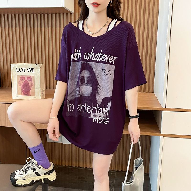 FA35905# 米线条重工露肩假两件宽松T恤女爆款上衣ins 服裝批發女裝批發服飾貨源