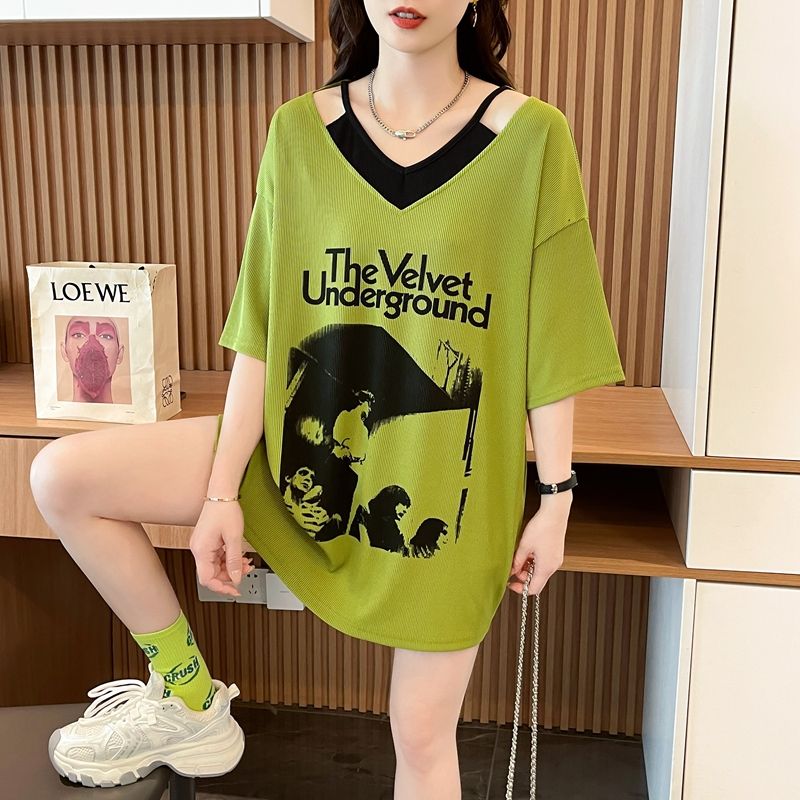 FA35906# 米线条重工露肩假两件宽松T恤女爆款上衣ins 服裝批發女裝批發服飾貨源