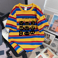 批发实拍95棉色织条+领索罗<b class='q'>纳</b>+包边拉肩特大码300斤条纹短袖t恤