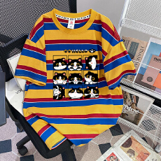 批发实拍95棉色织条+领索罗<b class='q'>纳</b>+包边拉肩特大码300斤条纹短袖t恤