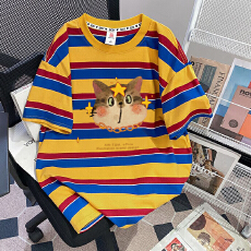 批发实拍95棉色织条+领索罗<b class='q'>纳</b>+包边拉肩特大码300斤条纹短袖t恤