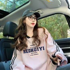 批发仿华棉复牛奶丝/后包领粉色V领设计感卫衣女潮牌宽松运动风<b class='q'>上衣</b>