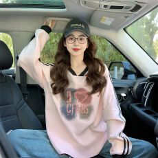 批发仿华棉复牛奶丝/后包领粉色V领设计感卫衣女潮牌宽松运动风<b class='q'>上衣</b>