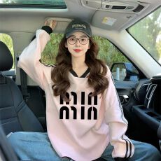 批发仿华棉复牛奶丝/后包领粉色V领设计感卫衣女潮牌宽松运动风<b class='q'>上衣</b>