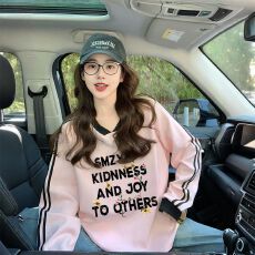 批发仿华棉复牛奶丝/后包领粉色V领设计感卫衣女潮牌宽松运动风<b class='q'>上衣</b>