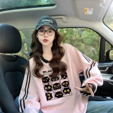 批发仿华棉复牛奶丝/后包领粉色V领设计感卫衣女潮牌宽松运动风<b class='q'>上衣</b>