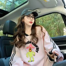 批发仿华棉复牛奶丝/后包领粉色V领设计感卫衣女潮牌宽松运动风<b class='q'>上衣</b>